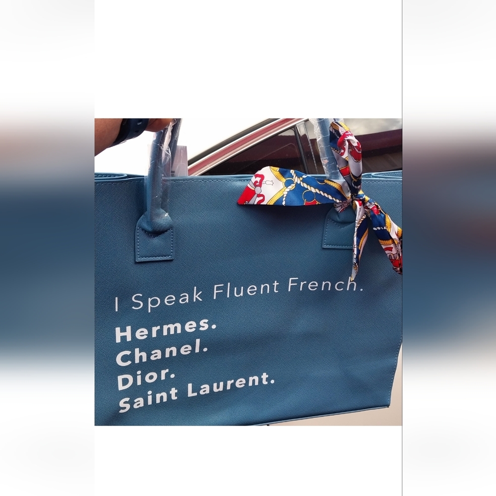 Blue Tote Bag with Scarf Accent